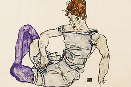 Egon Schiele, Sitzende Frau in violetten Strümpfen, 1917