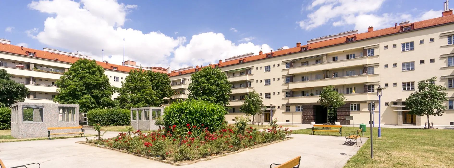 Edificio de vivienda social, Karl Marx Hof, vista exterior, patio interno, parque