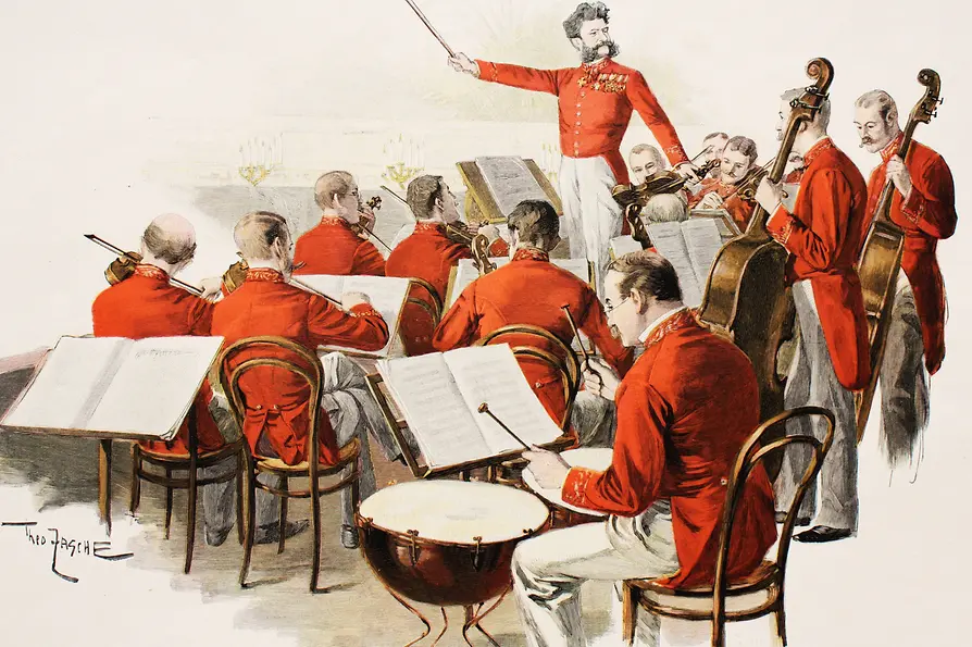 Il direttore musicale del Ballo di Corte Johann Strauss figlio con la sua banda, disegno di Theo Zasche