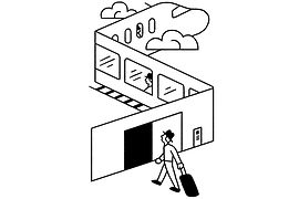 Illustration: Abreise. Mann bei Abreise mit Zug und Flugzeug.