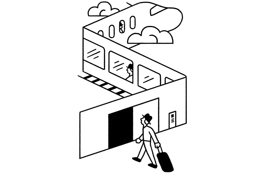 Illustration: Departure. Man departing by train and plane.