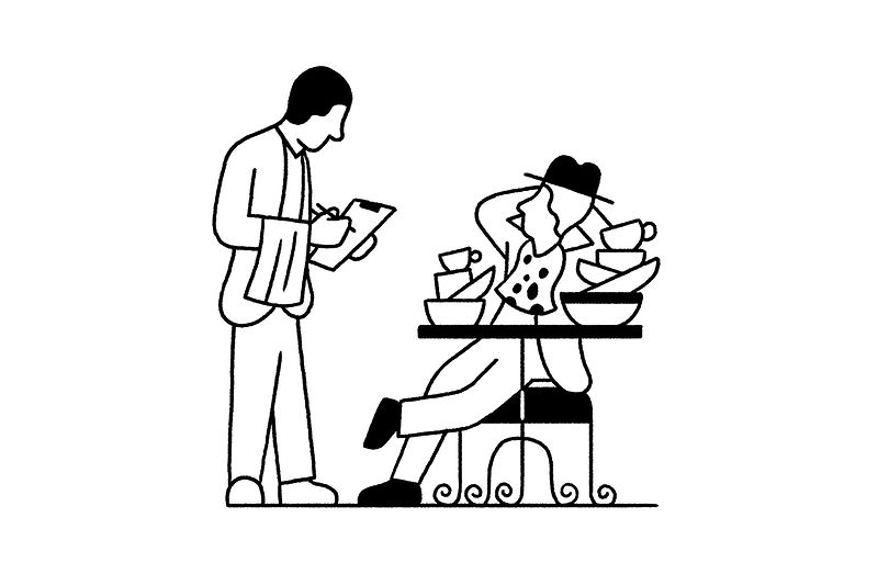 Illustration: Dining. Guest and waiter. Empty plates stacked on a table.