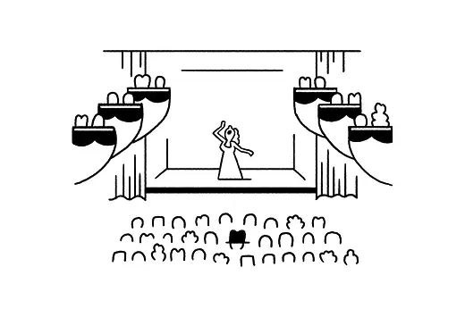 Illustration: Man with hat in the auditorium of the Opera House.