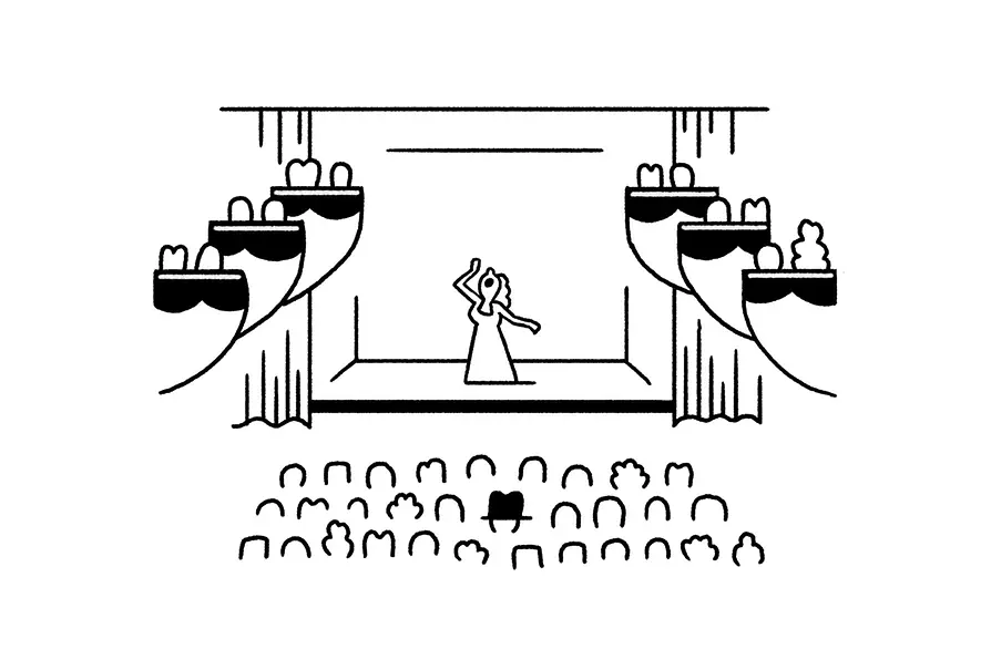 Illustration: Man with hat in the auditorium of the Opera House.