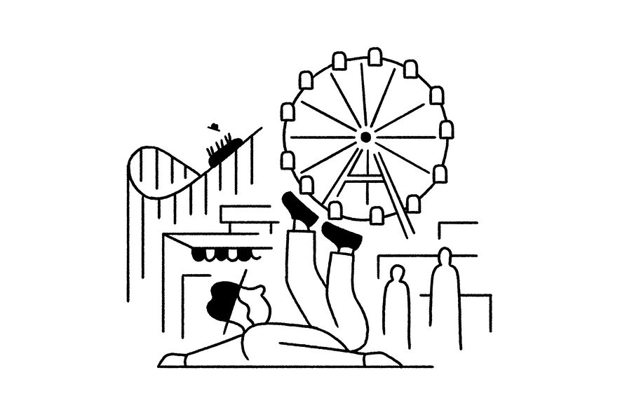 Illustration: Wurstelprater. Mann balanciert das Riesenrad auf den Füßen