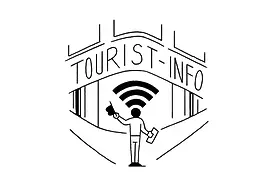 Illustration: Man in front of Tourist Info. Head as part of the WiFi icon