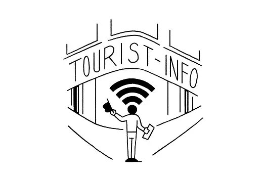 Illustration: Man in front of Tourist Info. Head as part of the WiFi icon