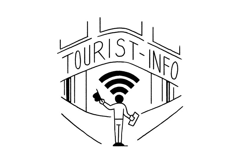 Illustration: Man in front of Tourist Info. Head as part of the WiFi icon