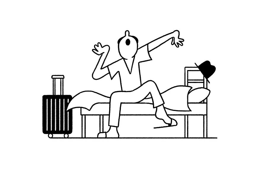 Illustration: Overnight stay. Man going to bed.