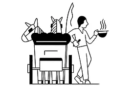 Illustration Fiakergulasch: Fiaker und Kutscher mit Gulasch im Hut
