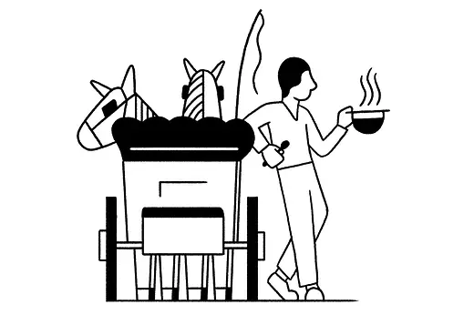 Illustration for Fiakergulasch (goulash): horse-drawn carriage and coachman with goulash in hat