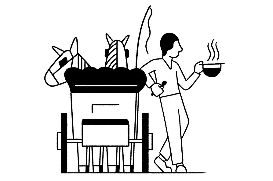 Illustration Fiakergulasch: Fiaker und Kutscher mit Gulasch im Hut
