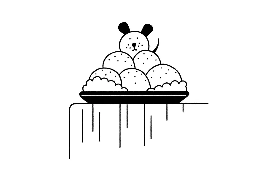 Illustration for Gebackene Mäuse (baked dough): plate of the dessert and a real mouse