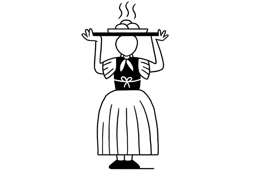 Illustration for Wiener Wäschermädel (warm dessert with apricot): laundry girl with a tray of the dessert on her head