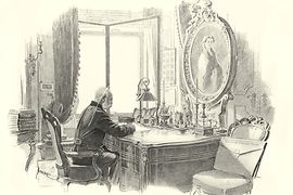 El emperador Francisco José I sentado frente a su escritorio mientras observa un retrato de la emperatriz Sisi.