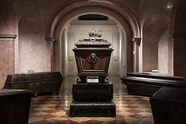Caskets in hall, casket with crown and orb