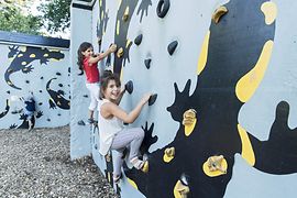 Bambini su una parete da arrampicata con salamandra pezzata sullo sfondo