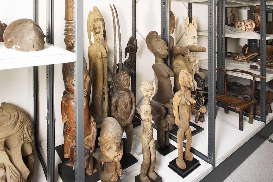 In the depot of the Leopold Museum, view of African sculptures 