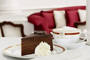 A slice of Sacher-Torte with whipped cream