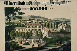 Plakát: Mineralbad u. Gasthaus zu Heiligenstadt / oder bar 200.000 fl.w.w. (Heiligenstadti gyógyfürdő és vendégfogadó, vagy bar 200.000 fl.w.w.) felirattal, 1843