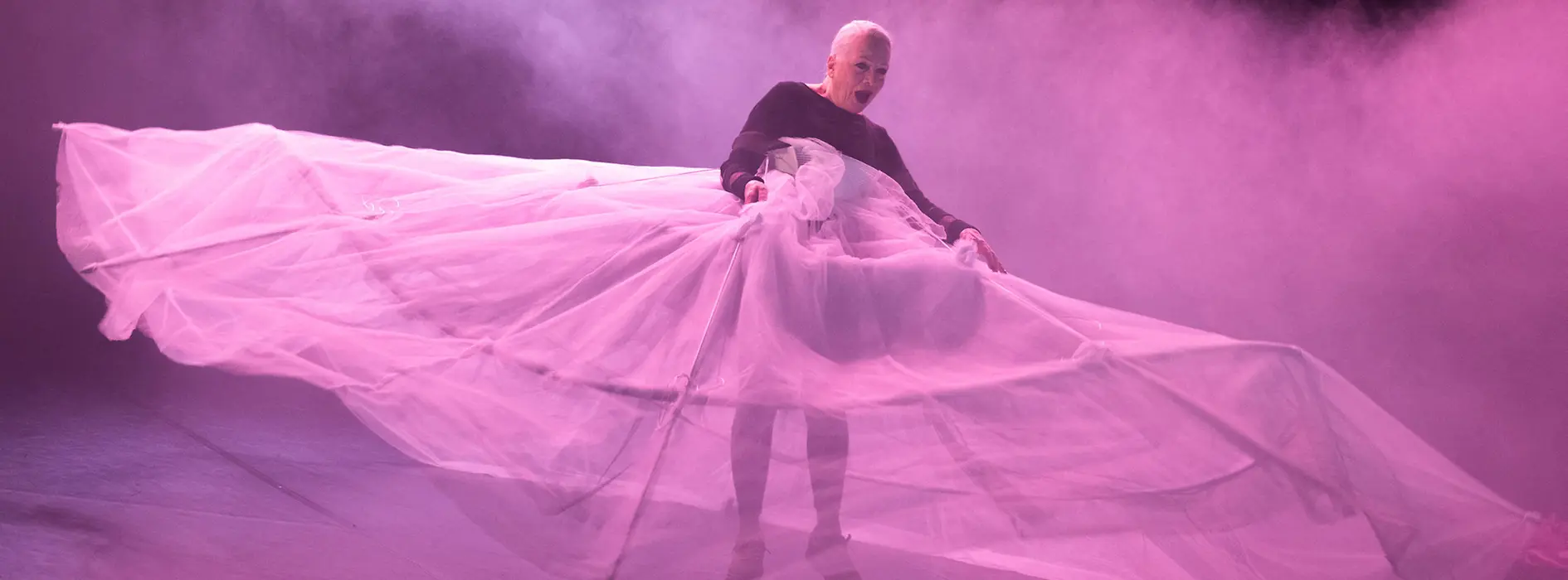 Tänzerin in überdimensionalem, durchsichtigen Reifrock in rosa Licht.