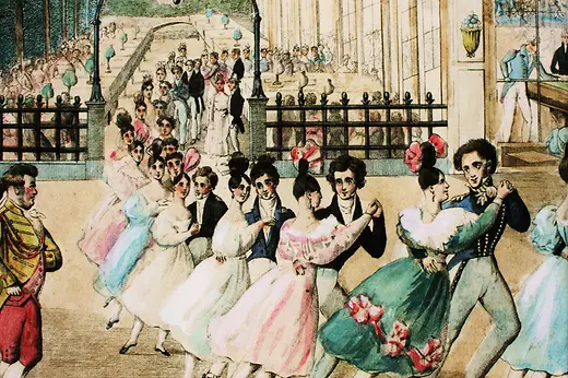 Tanzszene in Dommayers Casino in Hietzing, colorierte Zeichnung