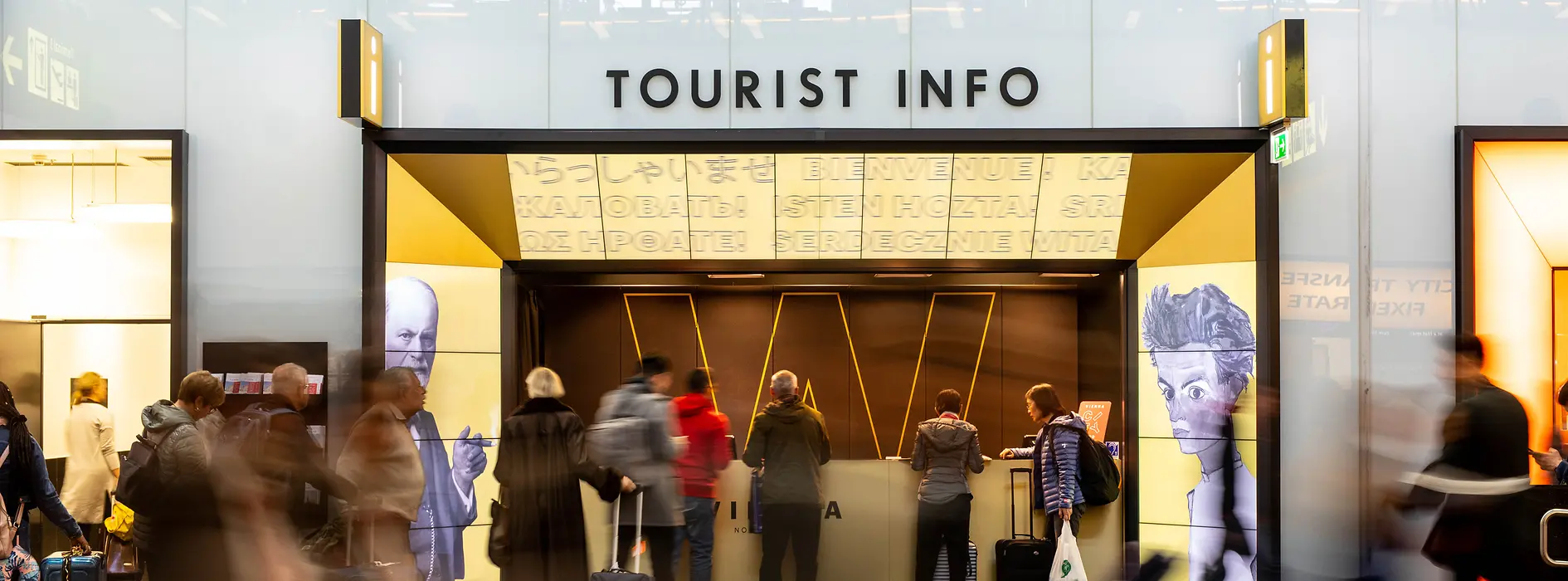 Tourist-Info, uvítací místo na letišti Vídeň, cestující