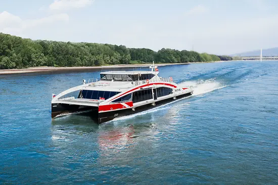Vysokorychlostní katamarán Twin City Liner pluje po Dunaji s lužním lesem v pozadí.