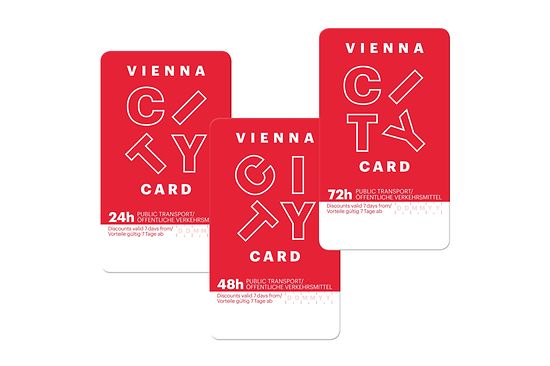 Vienna City Card. Ilustracja trzech biletów: 24 godziny, 48 godzin, 72 godziny
