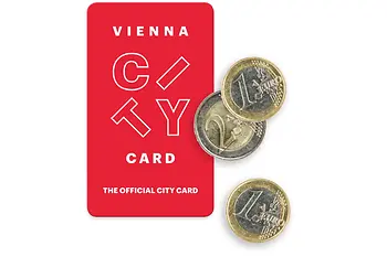 Vienna City kártya. Egy kártya, valamint euró pénzérmék ábrázolása