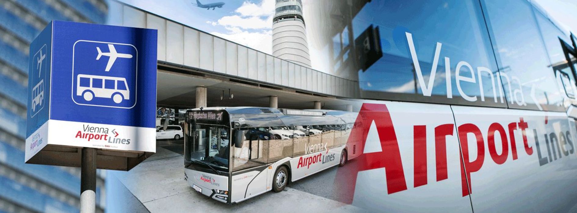 Vienna Airportline Bus at parking space, Airporttower in the back