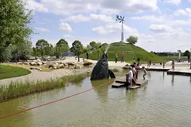 Children on a raft at the Danube Island water playground