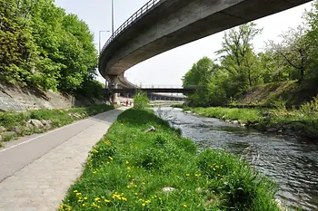 Wienfluss, Uferböschung unter Autobahnbrücke
