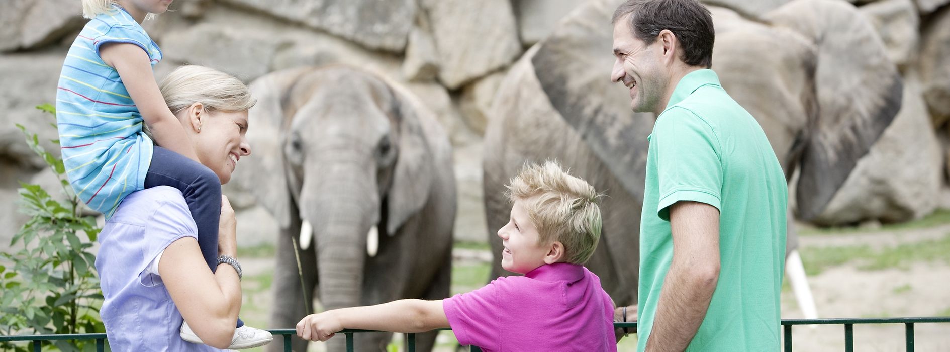 Famille devant l'enclos des éléphants au Jardin zoologique de Schönbrunn 