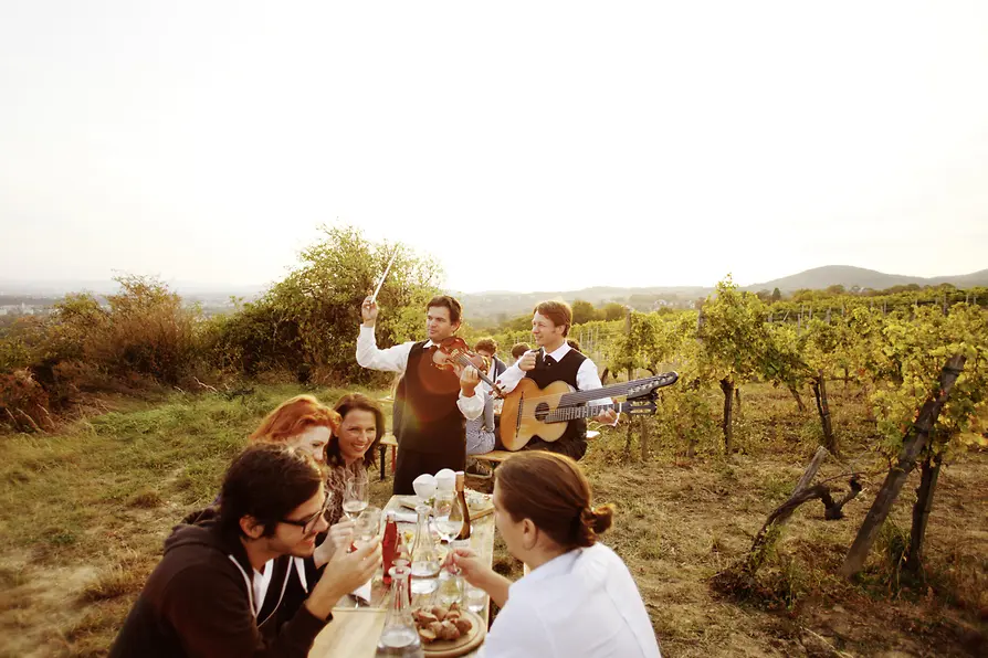 Heuriger Wieninger am Nussberg: people eating and drinking outdoors and two Wienerlied musicians