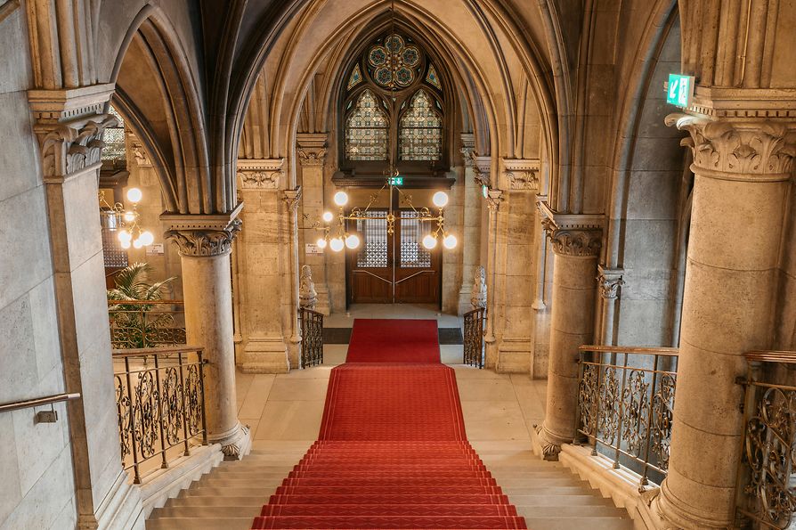 Stairs with red carpet in the Vienna City Hall