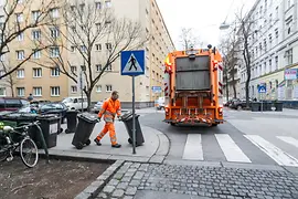 Trash disposal: Trash removal and workers with waste containers