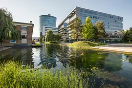Several office buildings in the 2nd district by an artificial lake, exterior shot