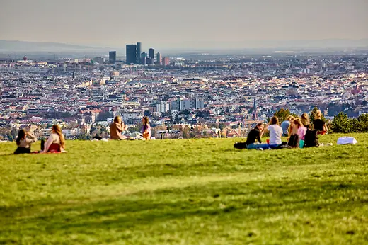 Cobenzl, \"Am Himmel\": People sitting on a spring meadow in front of a panoramic view of Vienna