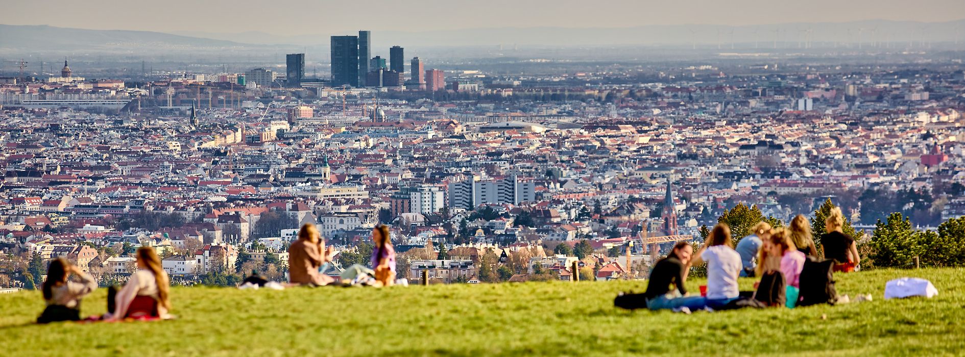 Cobenzl, "Am Himmel": Menschen sitzen auf einer Frühlingswiese vor Wien-Panorama