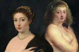 Composizione di immagini: Tiziano Vecellio, noto Tiziano, Ragazza in pelliccia e Peter Paul Rubens, Helena Fourment (La piccola pelliccia)