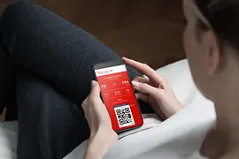 Person holding a smartphone and using the Austrian app.