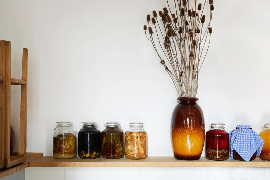 Einmachgläser mit eingelegtem Obst und Gemüse