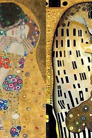 Gustav Klimt´s the Kiss and a AI generated image of cats