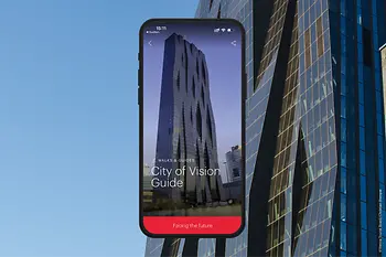 Advertising subject ivie city of the future guide with skyscraper