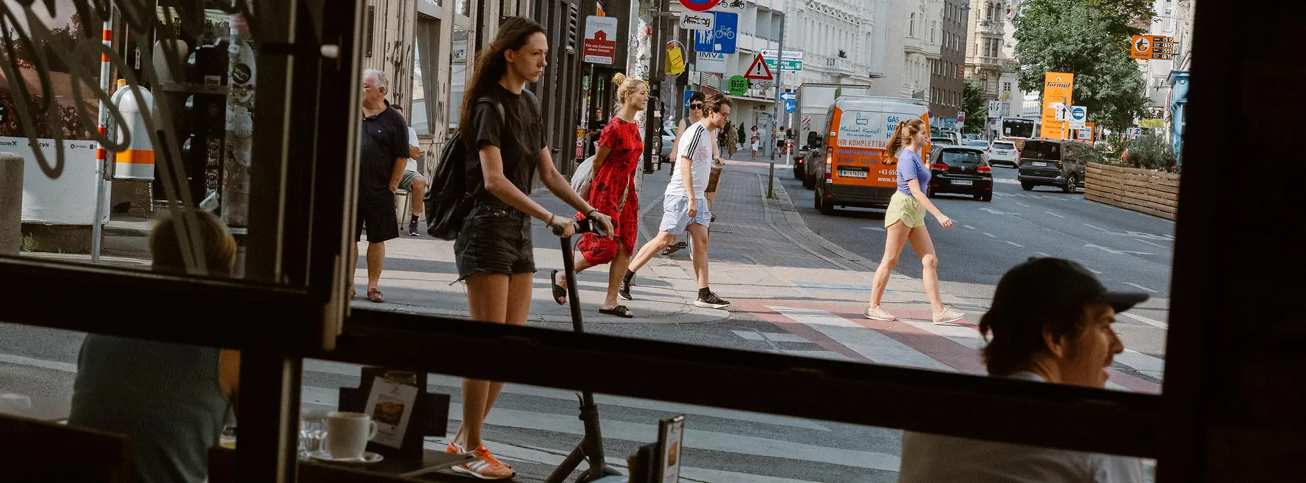 View from a restaurant out onto a street in the Freihausviertel