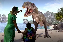 Frau und Kind vor einem virtuellen Dinsaurier