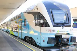 Train of the line Westbahn in a station, view of the locomotive from the front