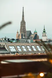 View of the St. Stephens Cathedral from the Ritz Carlton rooftop terrace with Christmas lights in the front