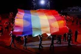 Rainbow flag at the opening of the EuroGames 2002 in Spain